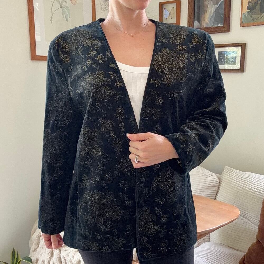 Vintage Velvet Paisley Tan Jay Openfront Black Gold Metallic Paisley Blazer Sz M